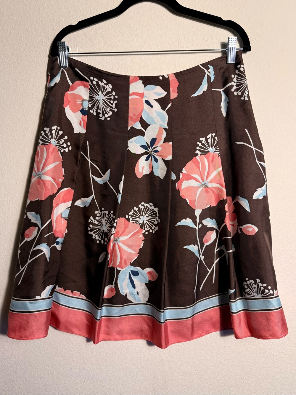 LOFT Brown Midi Silk Skirt with Coral and Light Blue Floral Print